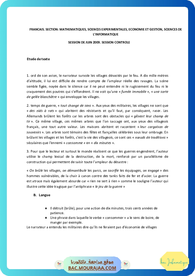 Corrigé controle francais Bac 2009 – Section info